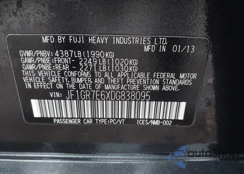 2013 Subaru Impreza Wrx из США, поврежденный, VIN JF1GR7E6XDG838095